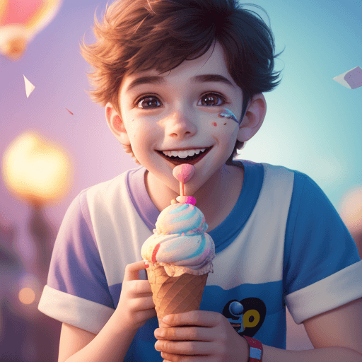 AI generated: cute, adorable, smiling boy eating ice cream, candies flying all around her, Pixar, disney, cinema l...