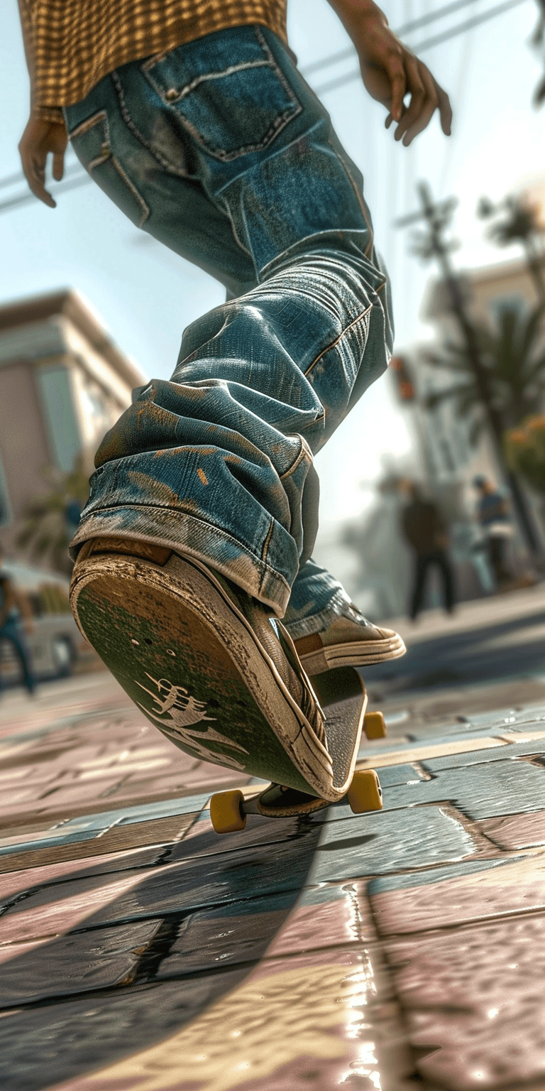 AI generated: hyperrealistic photo, skateboarder jumping, close-up, street style, urban, photorealistic, extreme d...