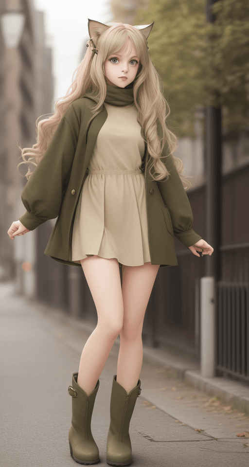 AI generated: Short Young lady, long light beige wavy hair, dark green eyes, cat ears, wide hips, olive  ankle boo...