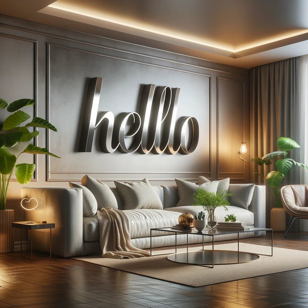 AI generated: A modern, stylish living room with a large, laser-cut metallic text 'Hello' mounted on the wall as a...
