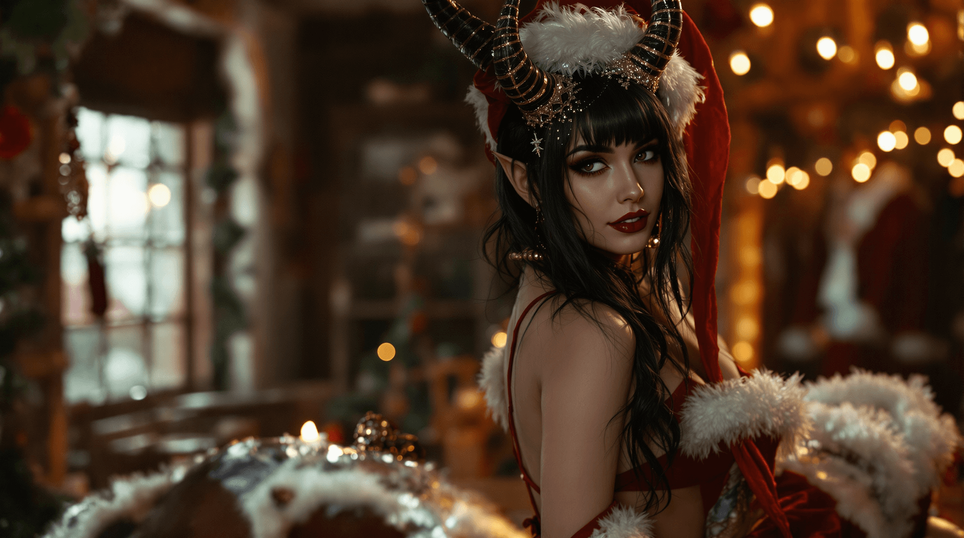 AI generated: close-up photo of a female red demon (succubus), bathed in a warm, golden glow reminiscent of a suns...
