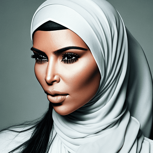 AI generated: Kim Kardashian in hijab and white liquid in the mouths 