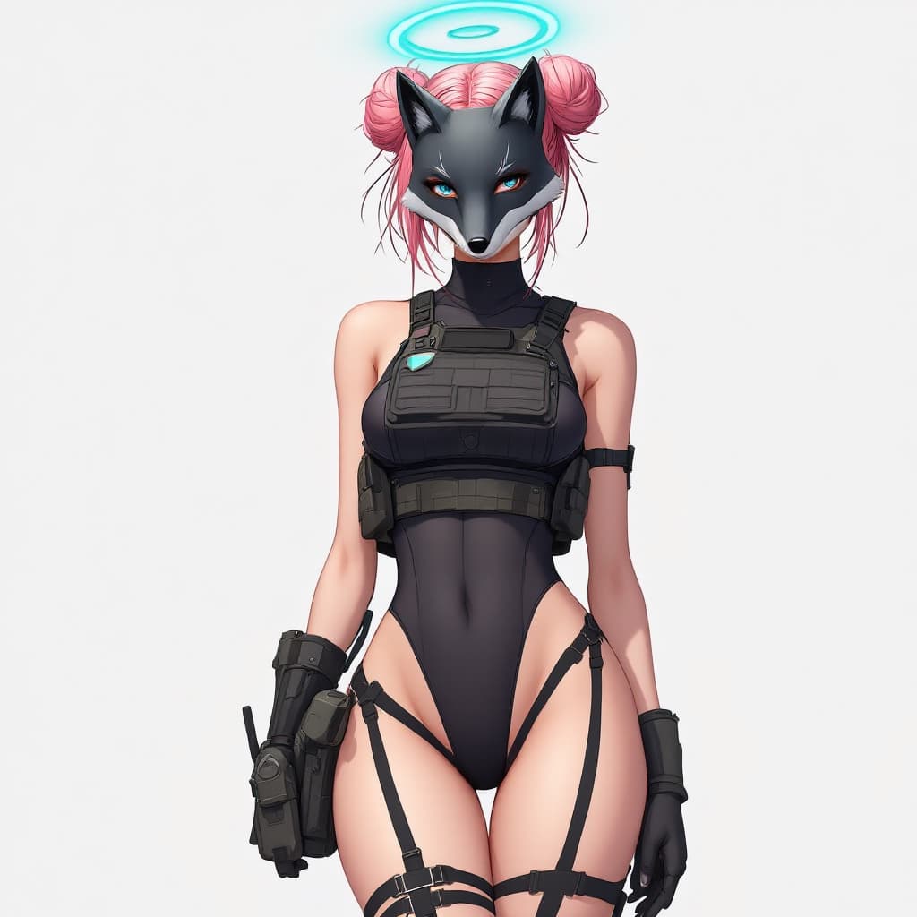 AI generated: Anime girl,Tall girl, pink hair, twin bun hairstyle, black thong leotard, tactical gear,medium breas...
