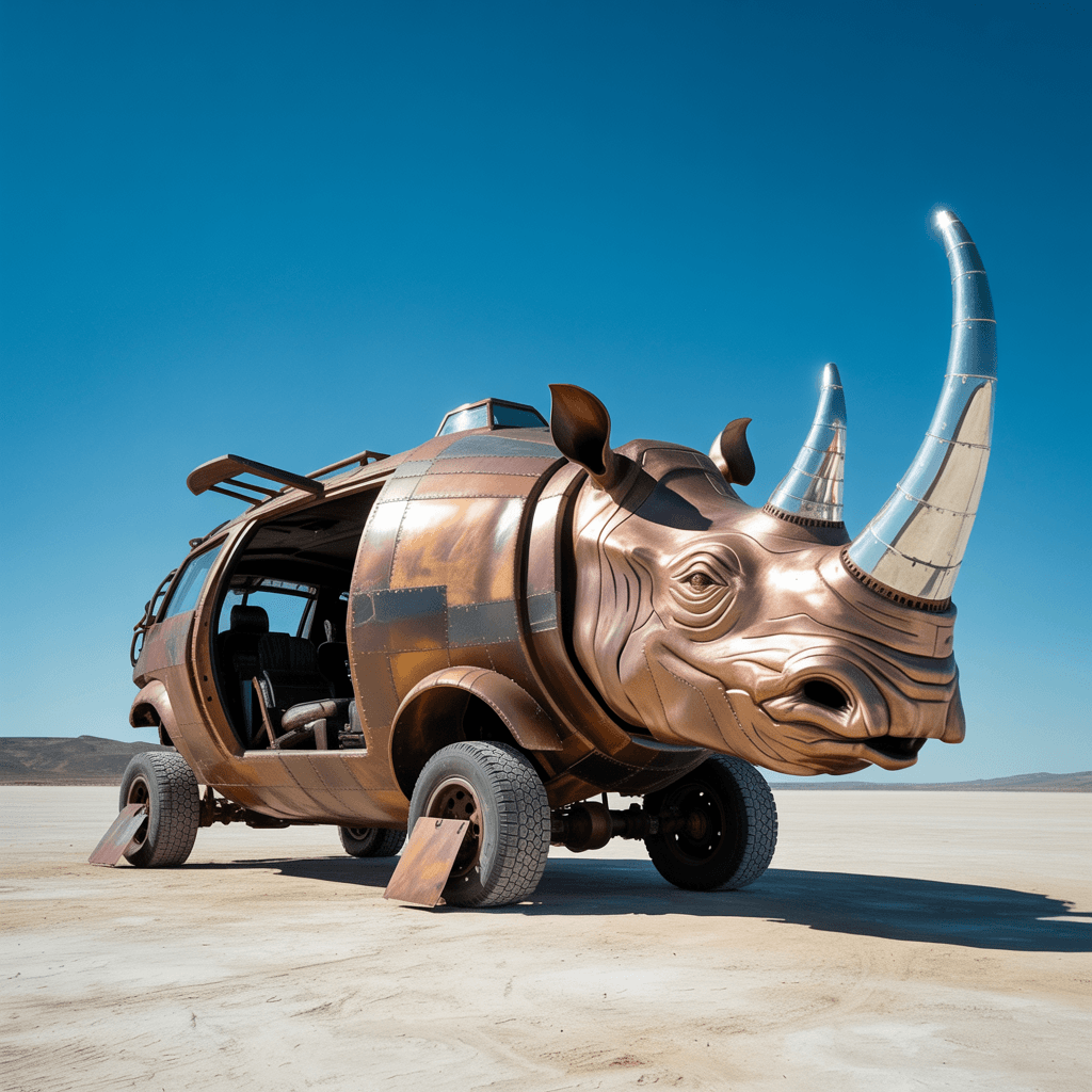 AI generated: A large, rusted metal vehicle is sculpted in the shape of a starship, with a realistic, armored text...
