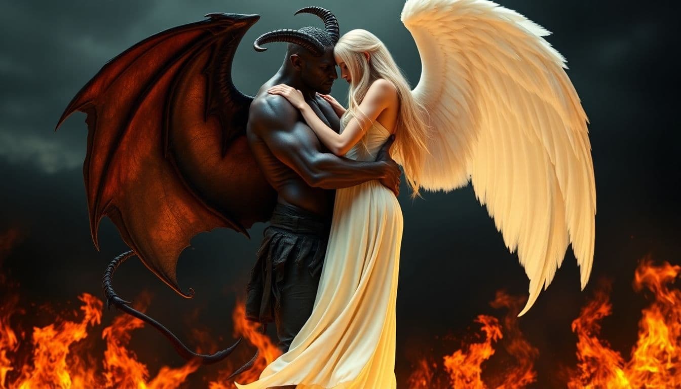 AI generated: a demon and an angel embracing in front of a fiery background. The demon is dark brown with large wi...