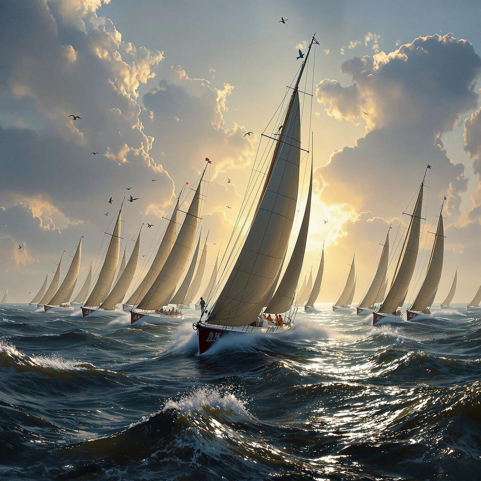 AI generated: Painting of Ocean yacht racing, Ocean birds overhead, fish and fling fish,  the America's Cup, drama...
