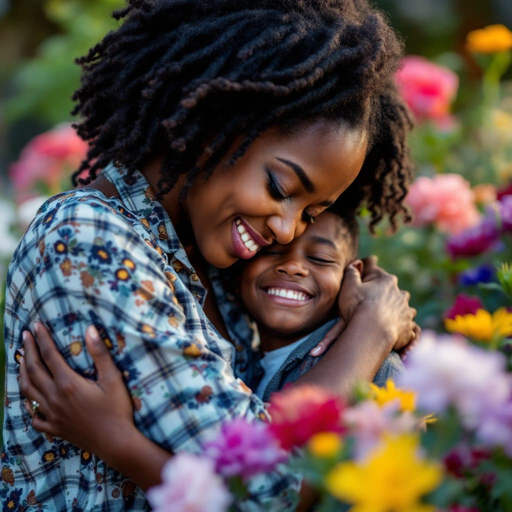 AI generated: As a photographer, take a closeup shot of An african mother (31 years of age) wearing a weave-on hug...