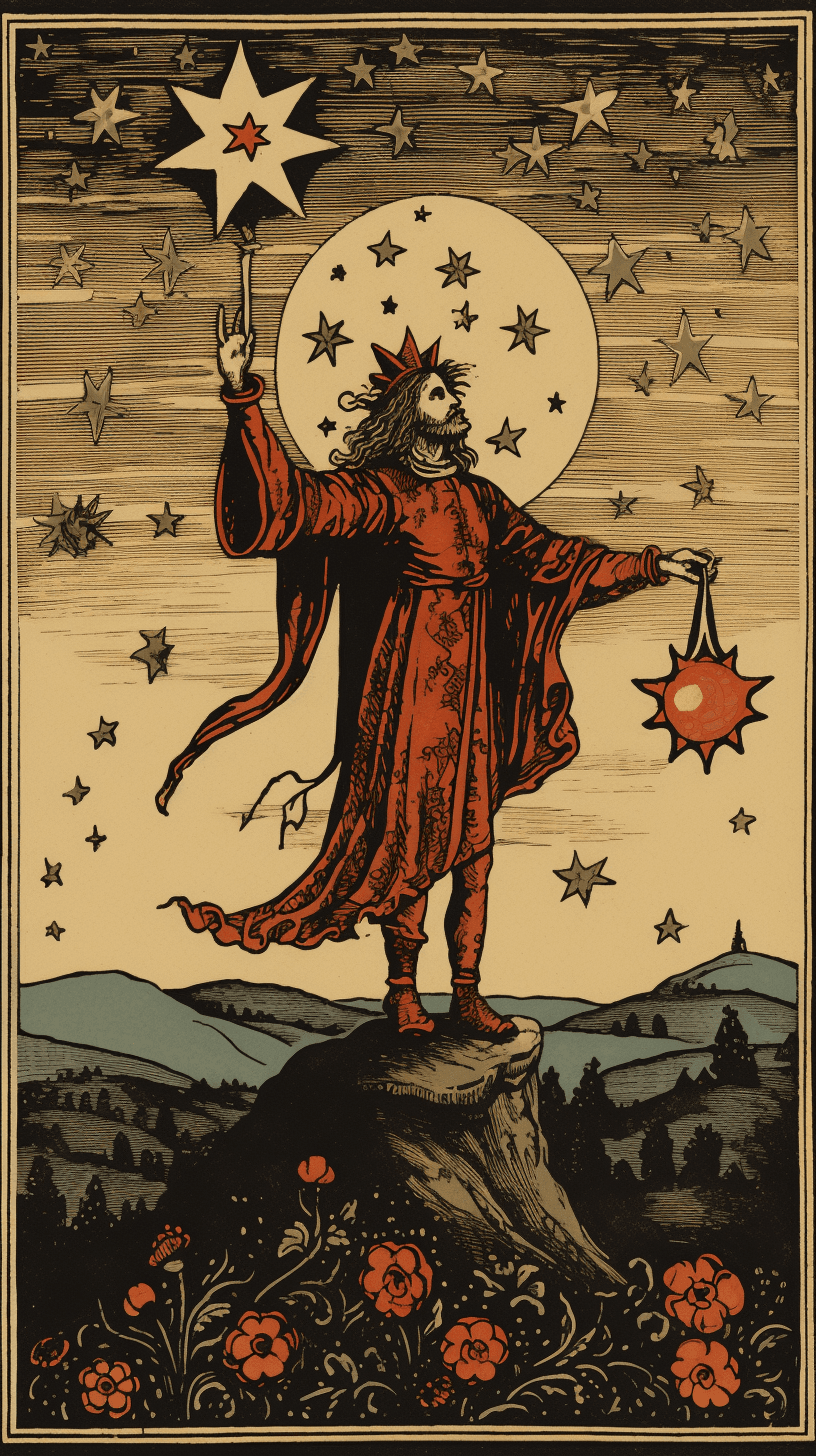 AI generated: A jester standing on a hill, stars in sky, moon with face in sky, alchemical art, medieval woodcut a...