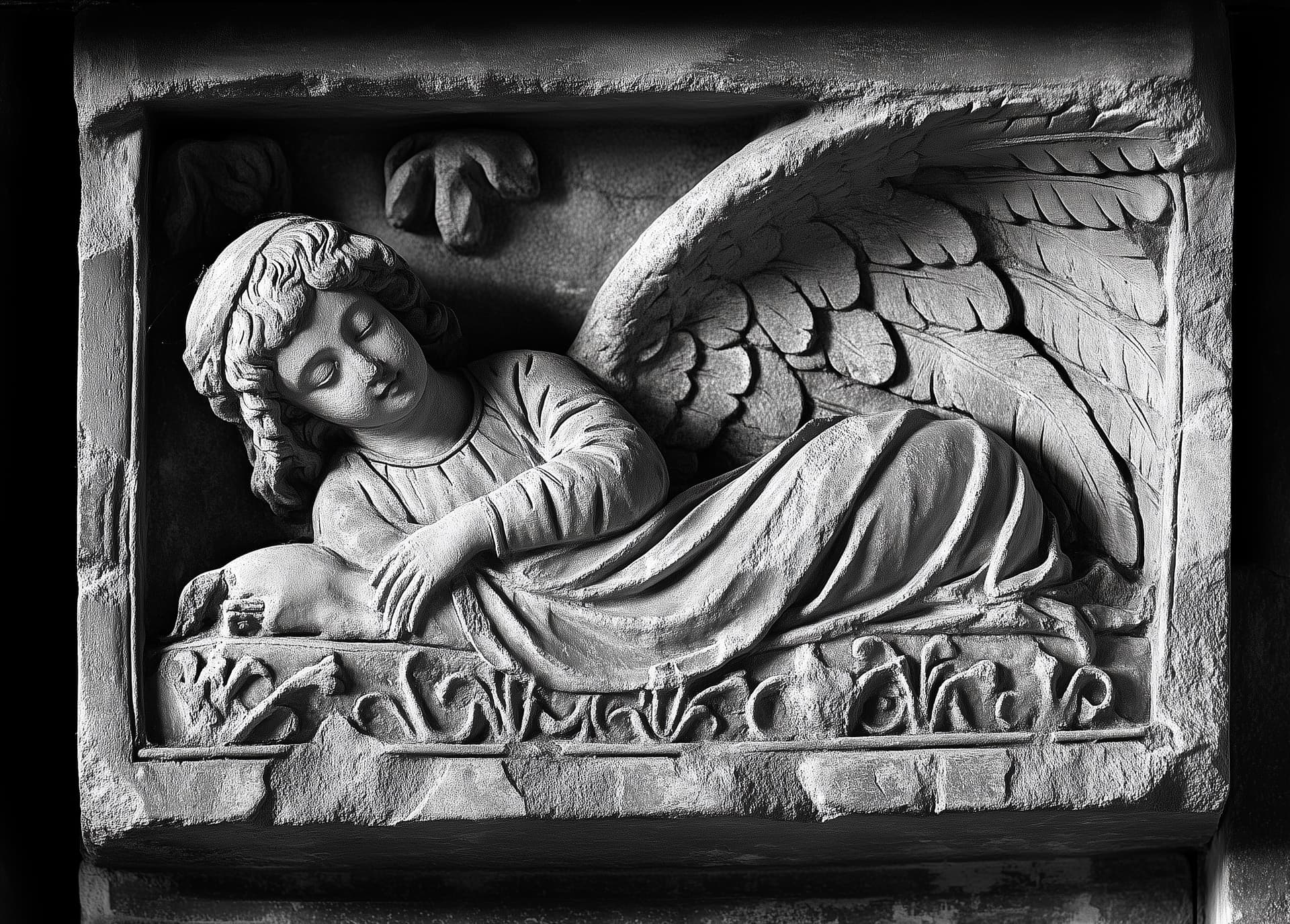 AI generated: A photo of an ancient medieval stone carving, depicting the angel Gabriel with wings, flying and poi...