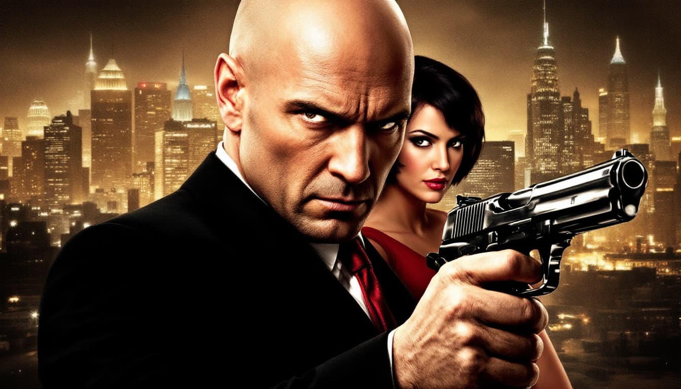 AI generated: The image features a bald male character with an intense gaze, dressed in a black suit with a red ti...