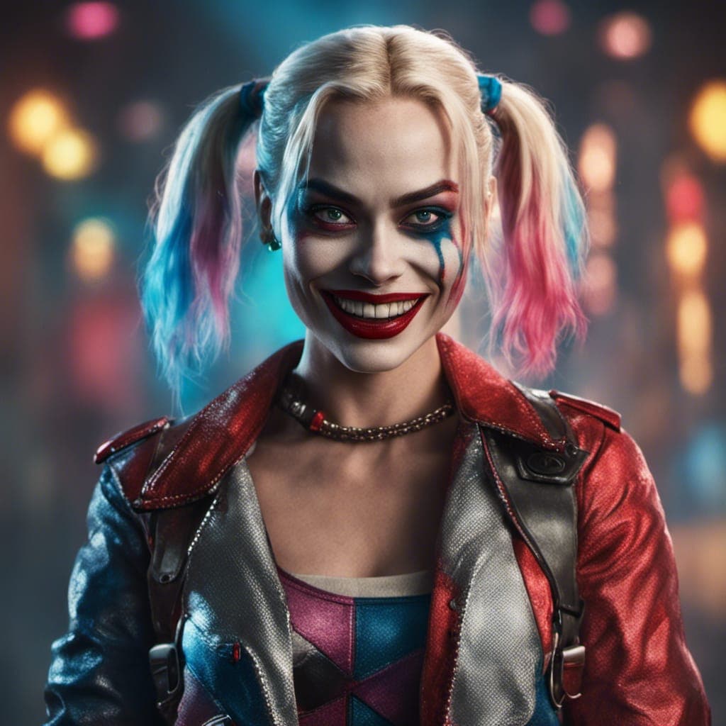AI generated: Margot Robbie as Harley Quinn from The Suicide Squad, 8k, Full body shot, Evil smile, VFX, octane re...