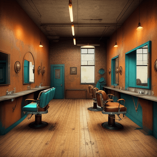 AI generated: realistic photo of vintage barbershop with orange ocher tones, rust, turquoise tones, industrial dec...
