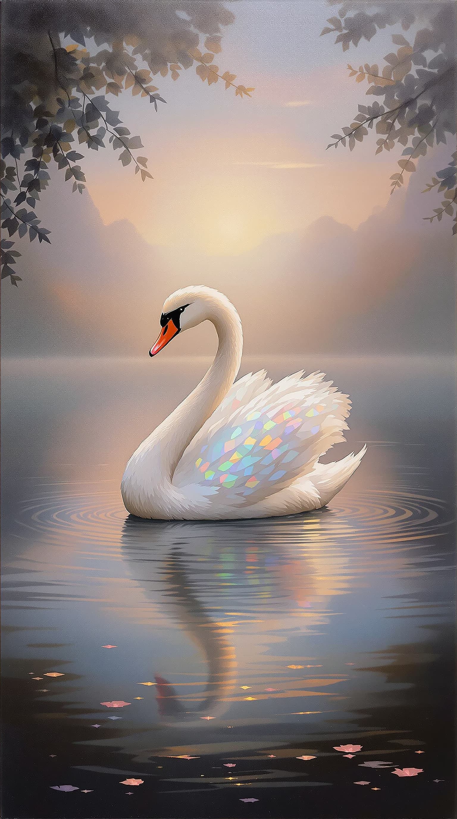 AI generated: An oil painting of an elegant swan with iridescent plumage, floating on a tranquil pond reflecting a...