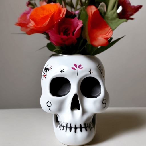 AI generated: white ceramic vase, pottery art, day of the dead, small skull