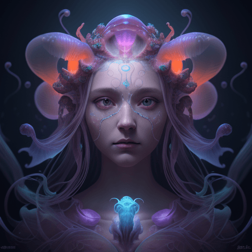 AI generated: Goddess close-up portrait ribcagel. jellyfish phoenix head, nautilus, orchid, skull, betta fish, bio...