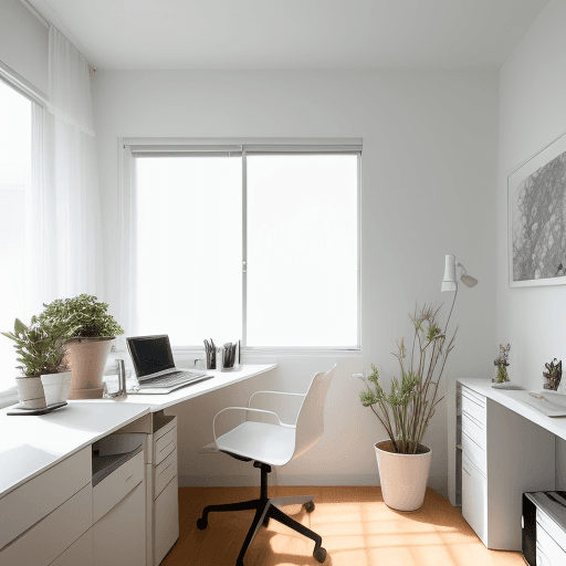 AI generated: photograph, home office, minimal, soft sunlight, warm artificial light casting, creating a warm whit...