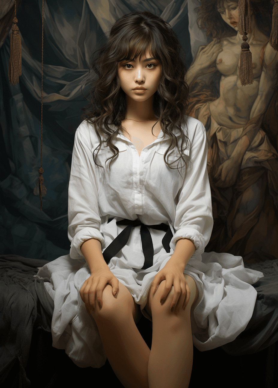 AI generated: this girl is sitting on the bed with her legs crossed, in the style of qiu shengxian, light white an...