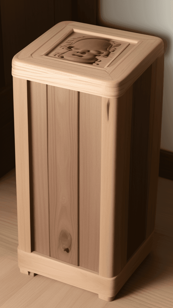 AI generated: una cajon de un muerto que sea de material madera antigua color marron oscuro  y sirva para guardar ...