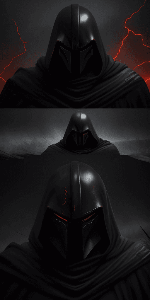 AI generated: evil, dark, psycho, Mandalorian, ominous atmosphere, mysterious figure, glowing red eyes, menacing p...