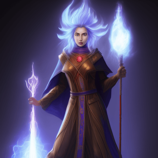 AI generated: izzet female human mage, full body, staff in hand:: tall man, wild blue hair, wearing a robe, cowl, ...