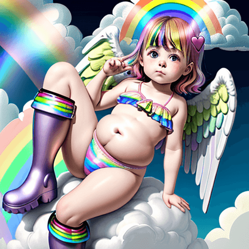 AI generated: Anatomically correct very cute rainbow angel lolicon child with an oversized very round belly laying...