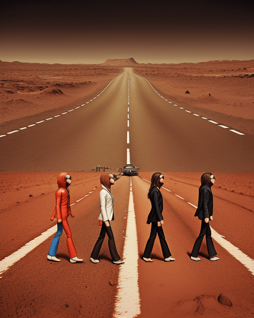 AI generated: Abbey Road on Mars, surreal, The Beatles walking across the red landscape, alien, surrealistic, dese...