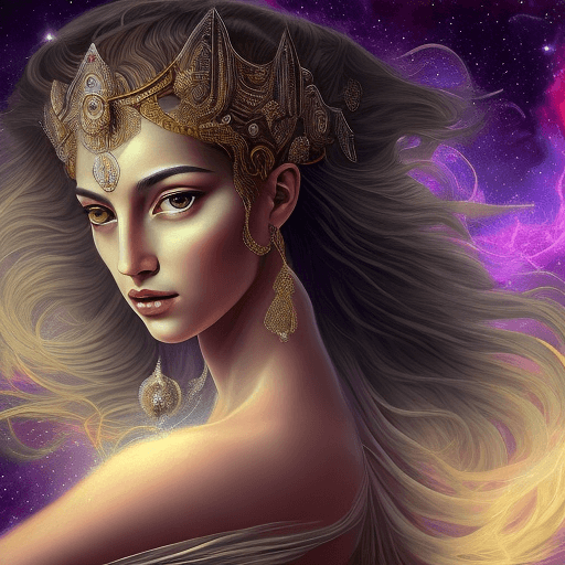 AI generated: The image shows an impressive Greek goddess in a cosmic setting. She is surrounded by stars and nebu...