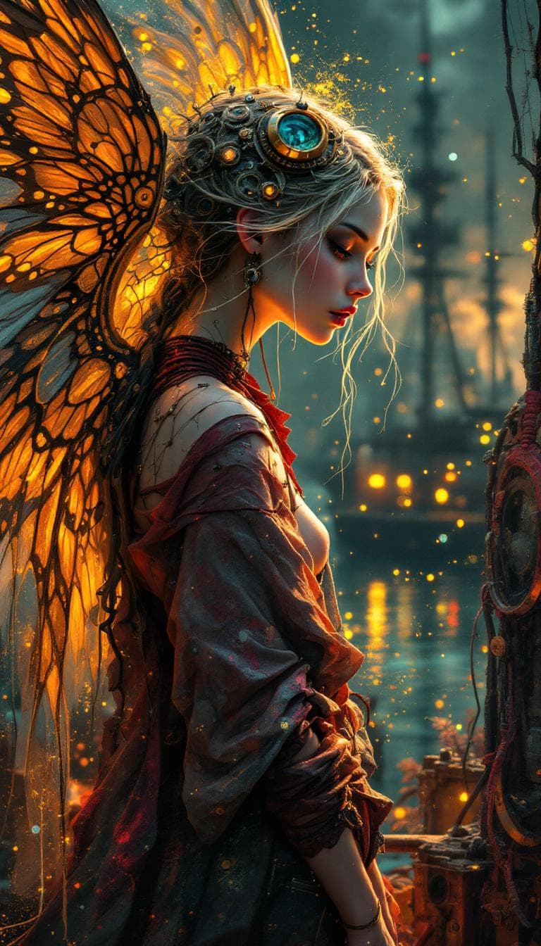 AI generated: Steampunk bio-morphic ethereal glow. Acrylic splash art, opaline pearlescent ink, translucent glaze....