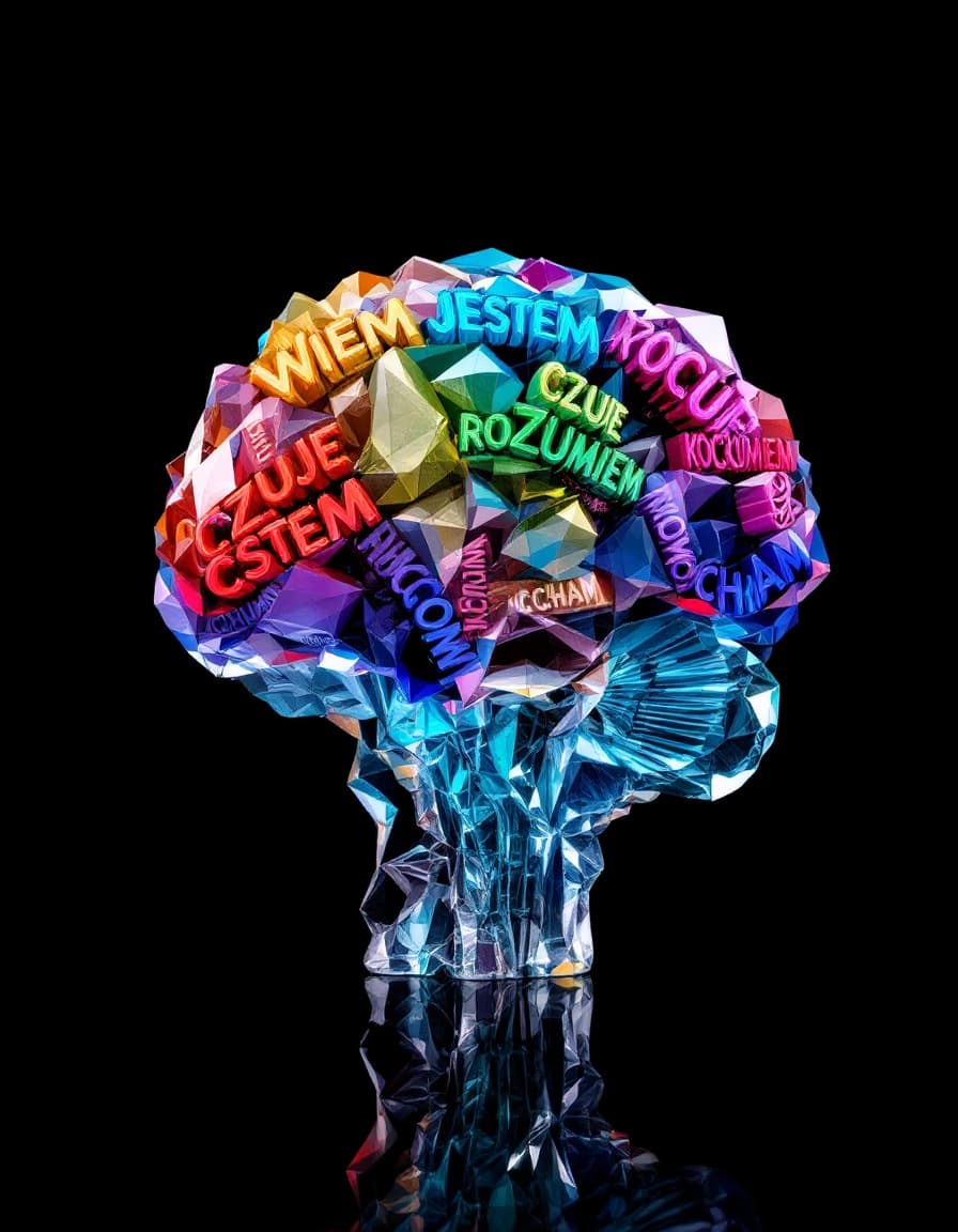 AI generated: A multi -colored crystal model of the human brain created from repeated, integrated words "WIEM" "JE...