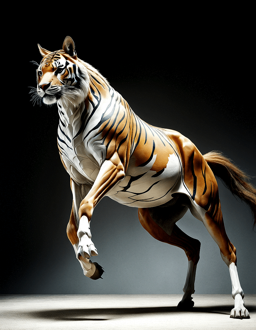 AI generated: The image features a unique and creative sculpture of a tiger with a horse's body. The tiger's head ...