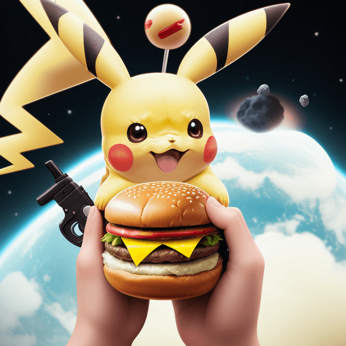 AI generated: Pikachu sitting on Earth is using a hamburger in her hand, 8k, 4k, high quality,crying eyes,hand hol...