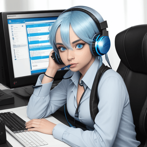AI generated: kadzuha with blue eyes and blue hair at a computer desk and wearing headphones