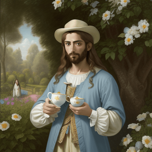 AI generated: a painting shows Jesus in a garden, Jesus holds a cup of tea in his hand, in the style of james gurn...