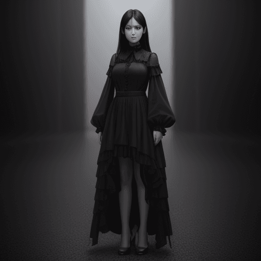AI generated: woman, HD, high quality, realisitc, 8K, standing, looking at camera, black hair, dark clothes