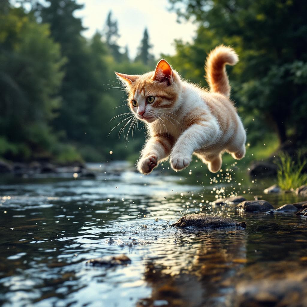 AI generated: cat jumping over the river