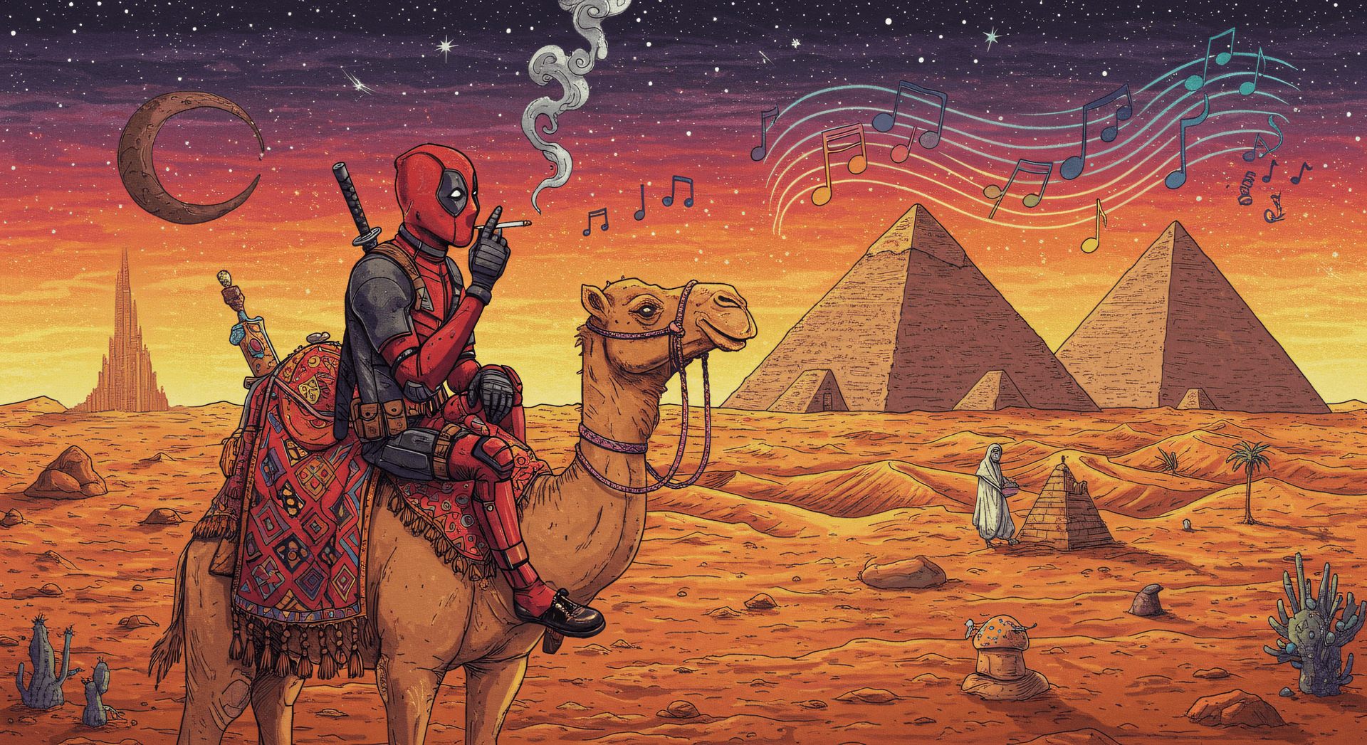 AI generated: A psychedelic artwork featuring a DEADPOOL wearing smoking a cigarette while riding a camel through ...