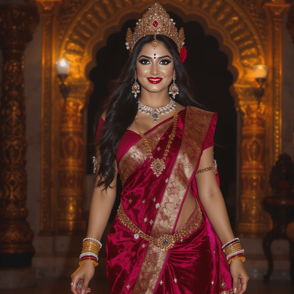 AI generated: photo of Goddess Durga, a stunning Indian woman standing tall at 5 feet 2 inches, her body a mesmeri...
