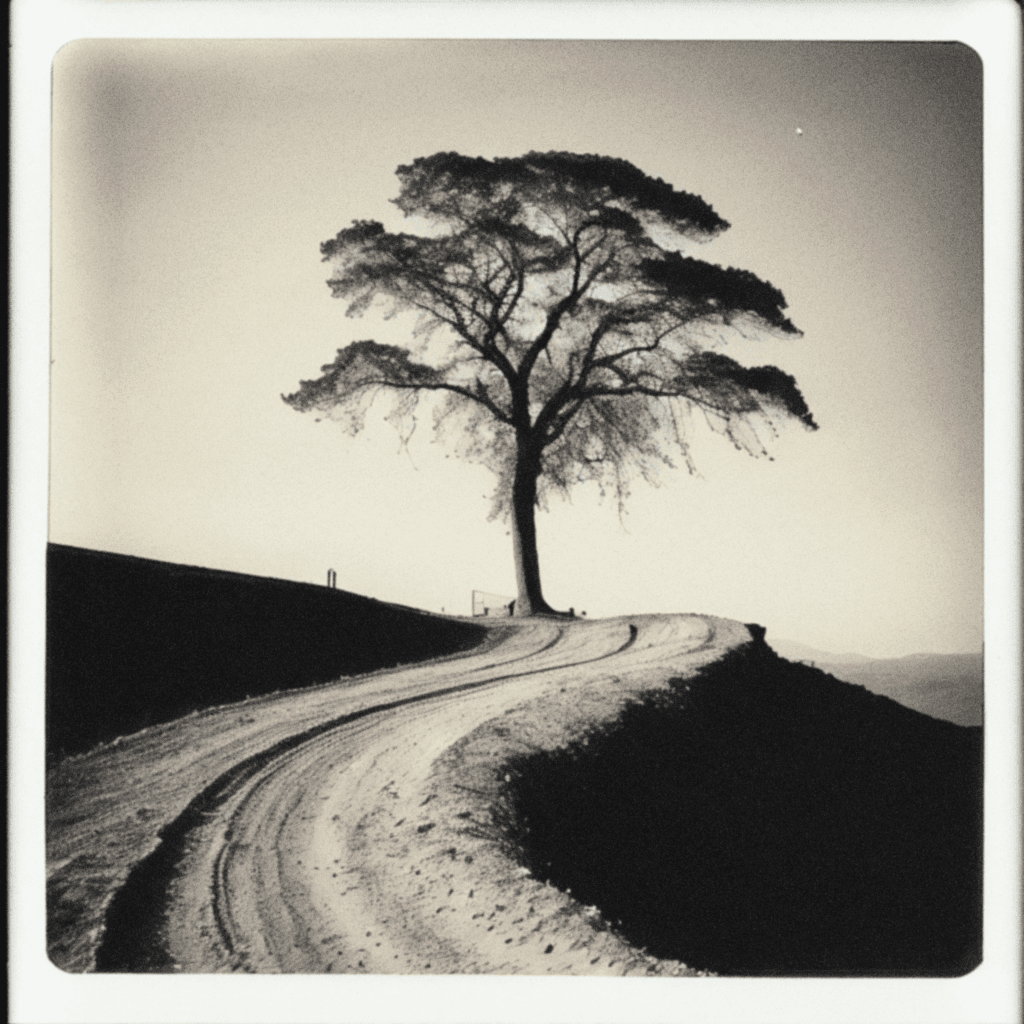 AI generated: monochromatic a solitary tree, a dirt path curves from the bottom and leads to the tree, harsh light...