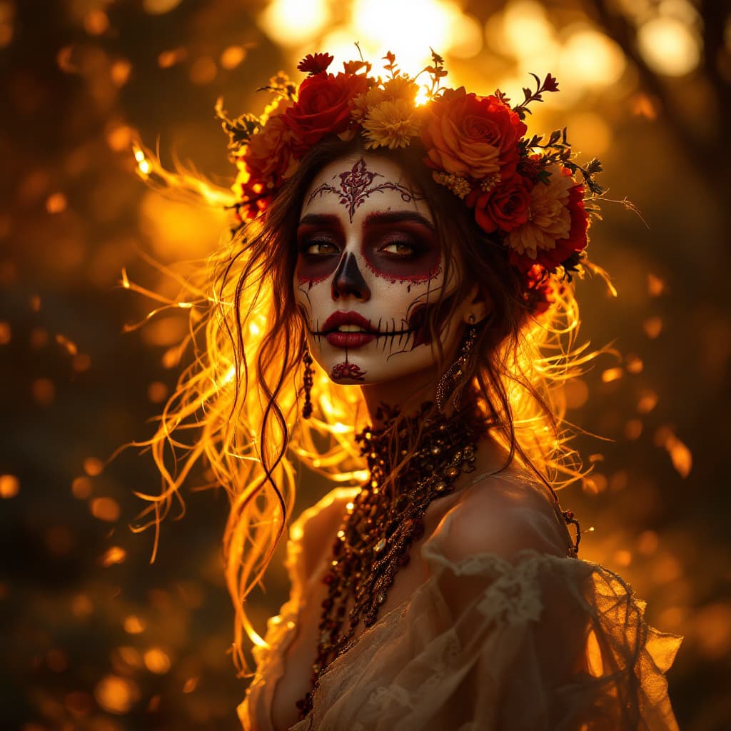 AI generated: day of the dead woman, golden hour lighting
