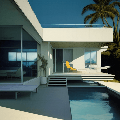 AI generated: Hyper realistic eye level exterior photo of a mid century modern style house overlooking the ocean, ...