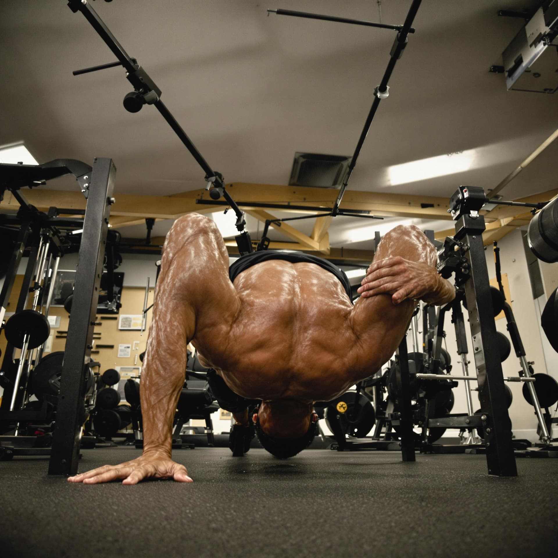 AI generated: low angle view of a bodybuilder in black shorts doing pushups