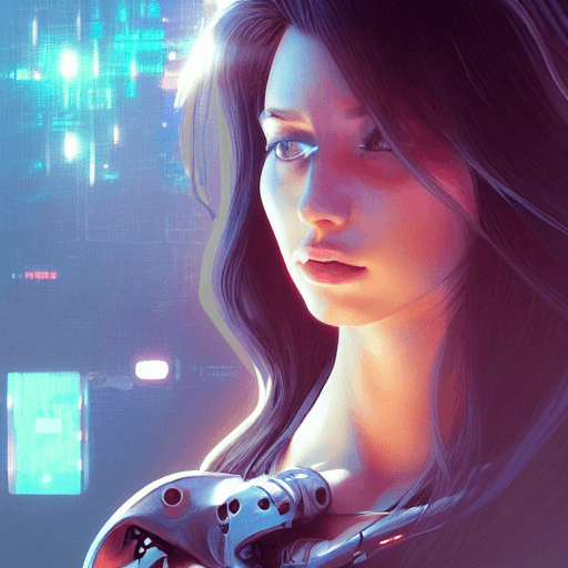 AI generated: beautiful,  young woman, cybernetic, cyberpunk, detailed gorgeous face, flowing hair, vaporwave aest...