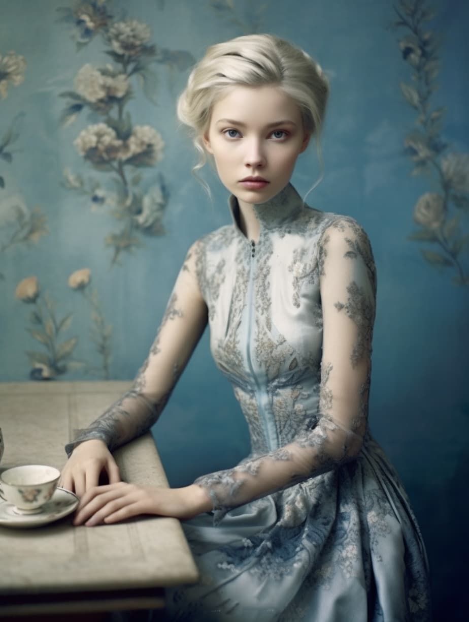 AI generated: a woman sitting at a table , by Valerie Petts, tumblr, intricate fantasy dress, blueish tones, offic...