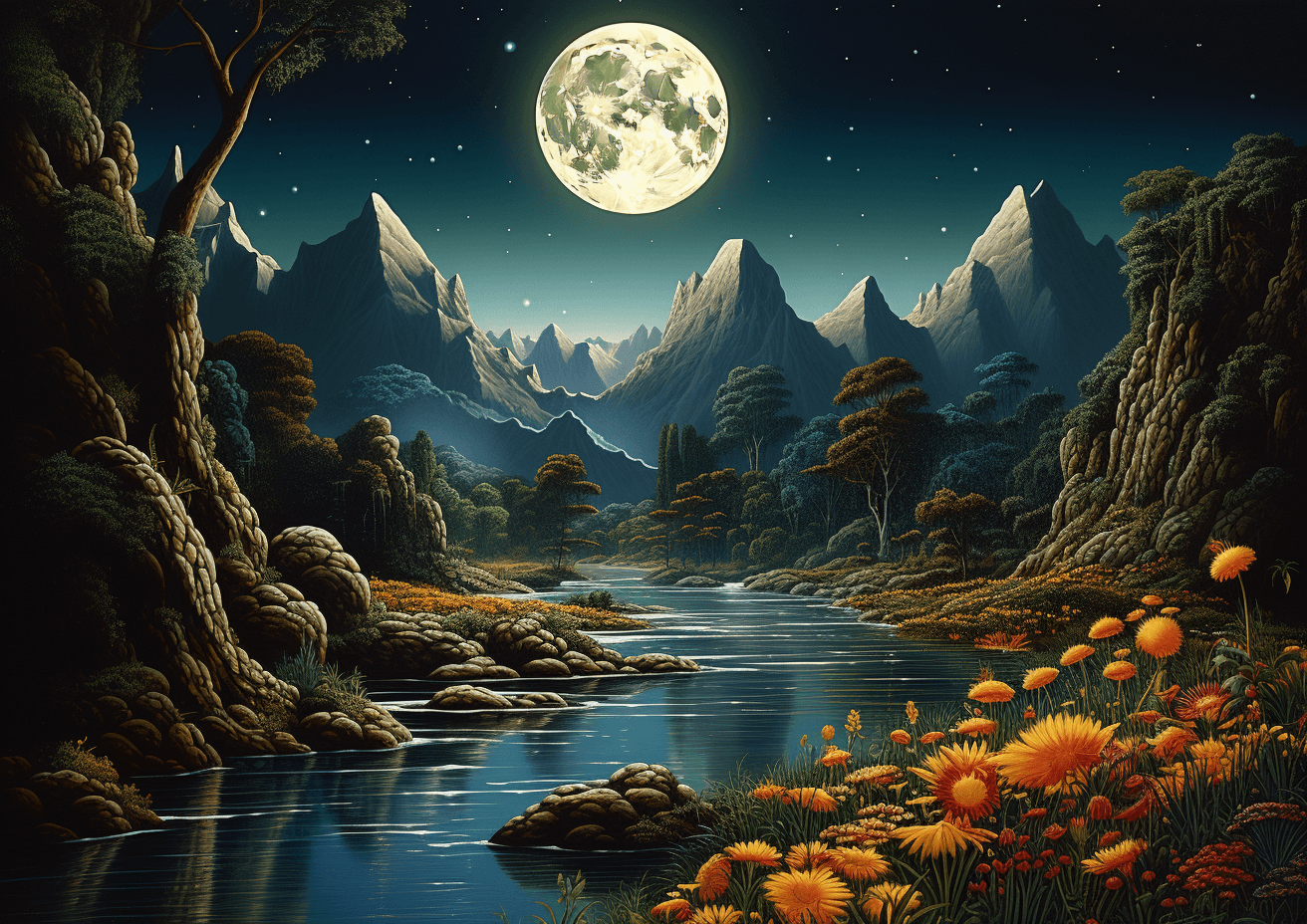 AI generated: a painting is in the mountains and showing the moon and water, in the style of brian bolland, myster...