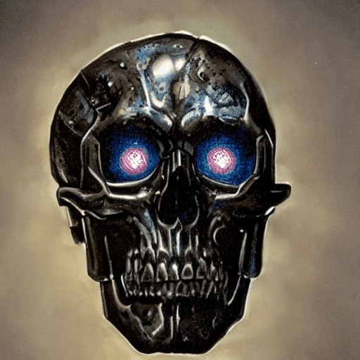 AI generated: A realistic human cyborg skull, (glowing eyes), (metal: 1. 2), (perfect photorealistic :1. 3), (hype...