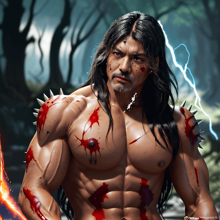 AI generated: the most strongest powerful warrior in the universe, epic, muscular, olive smooth tan skin, long mes...