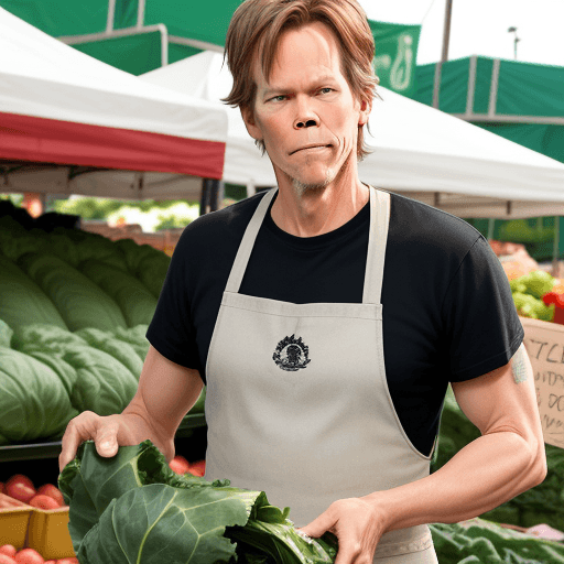 AI generated: kevin bacon at the farmer's market holding some collard greens
