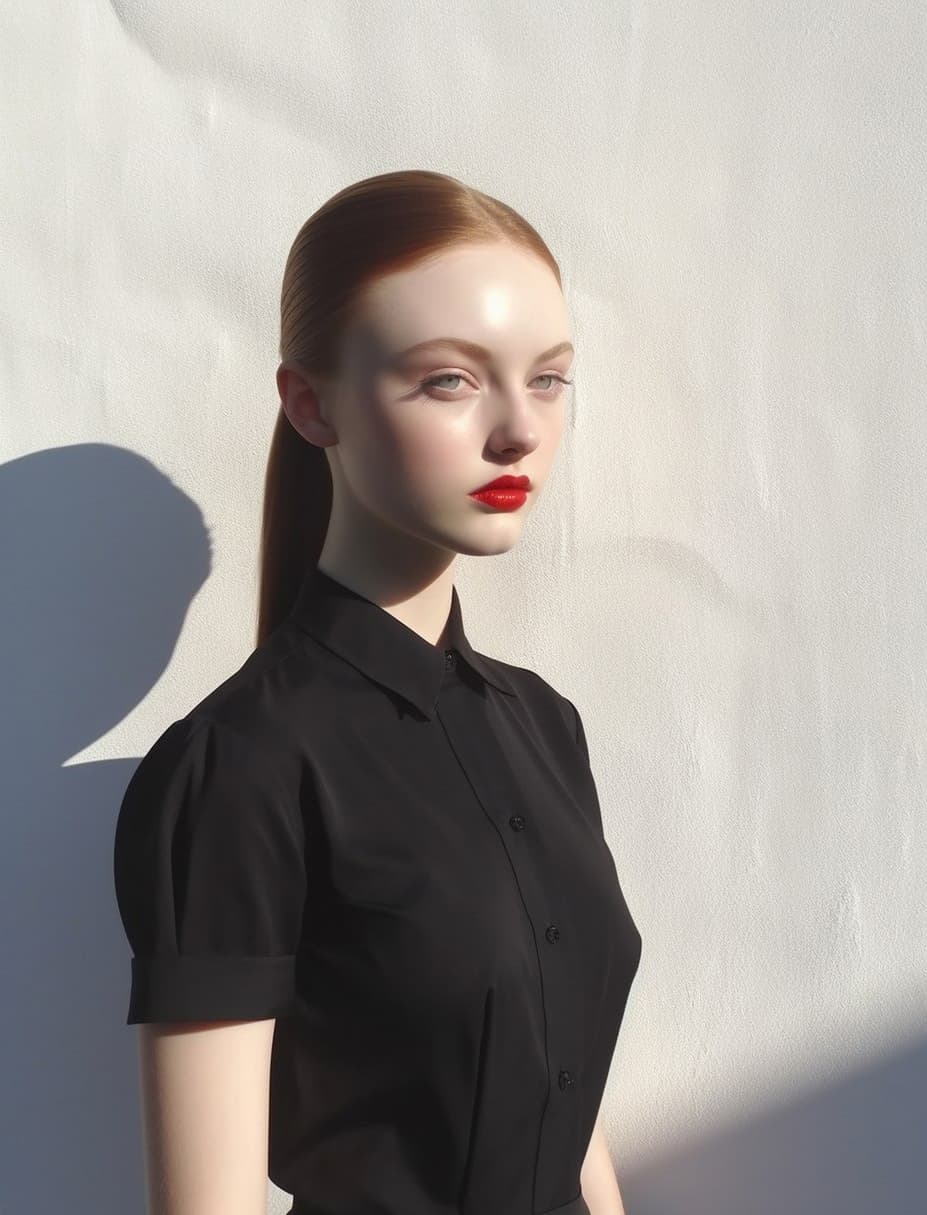 AI generated: a woman standing in front of a white wall, inspired by Vanessa Beecroft, tumblr, hyperrealism, hair ...