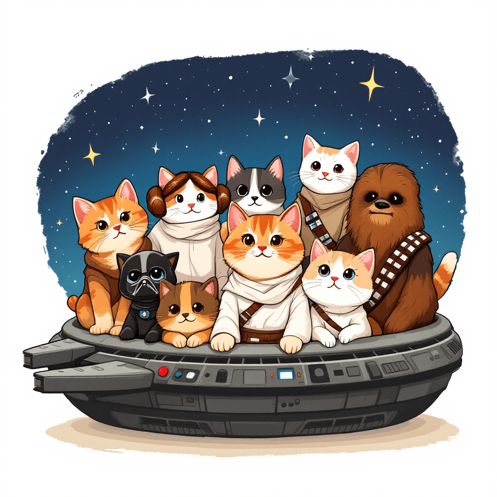 AI generated: "Group of cartoon cats dressed as Star Wars characters (Princess Leia, Luke, Chewbacca, etc.), sitti...