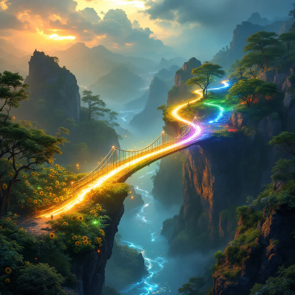 AI generated: 
"Create an photorealistic pictue of a bridge made entirely out of glowing, colorful lights that con...
